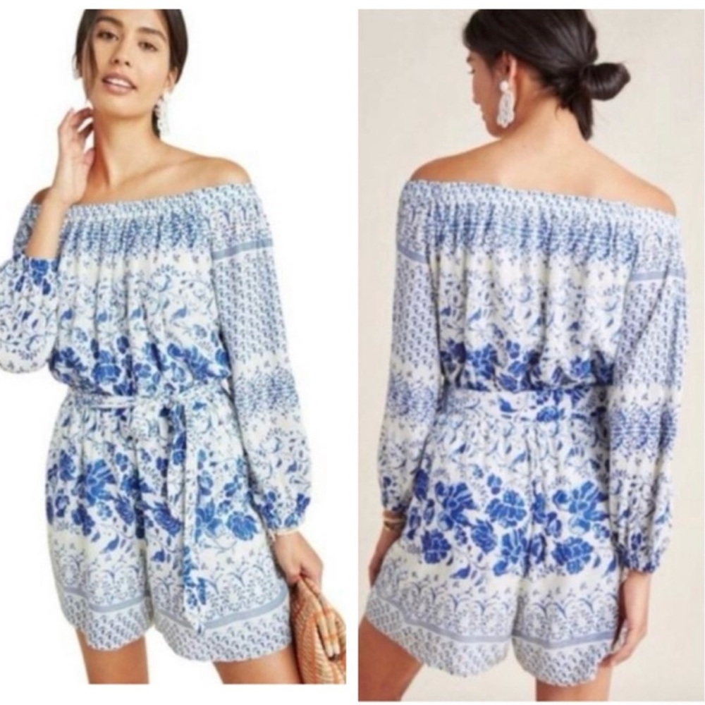 By Anthropologie Clemente blue floral off shoulder short romper size XS